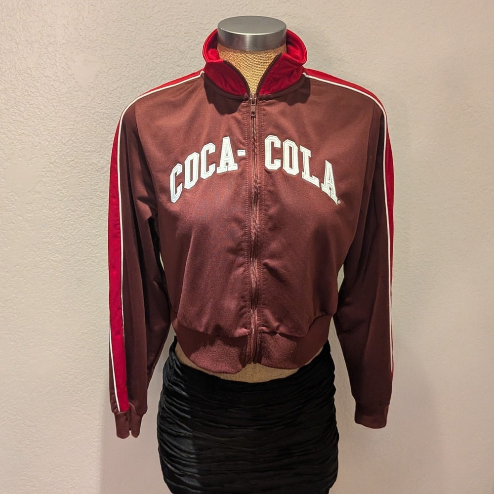 Coca-Cola Track Jacket Women Small Burgundy Cropped Zip Up Retro Sporty Logo